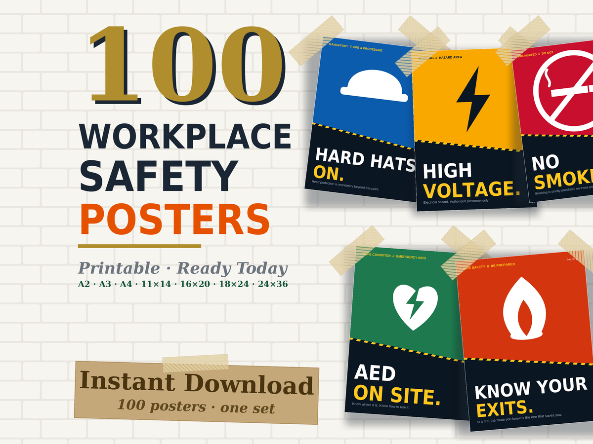 100 Workplace Safety Posters | PPE Hazard Fire First Aid HSE Signs | Editable PowerPoint PDF, 5 Print Sizes A4-A0, Digital Download