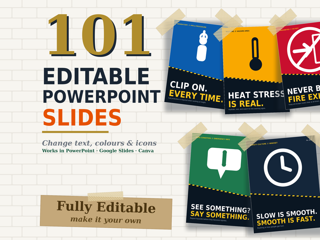 100 Workplace Safety Posters | PPE Hazard Fire First Aid HSE Signs | Editable PowerPoint PDF, 5 Print Sizes A4-A0, Digital Download