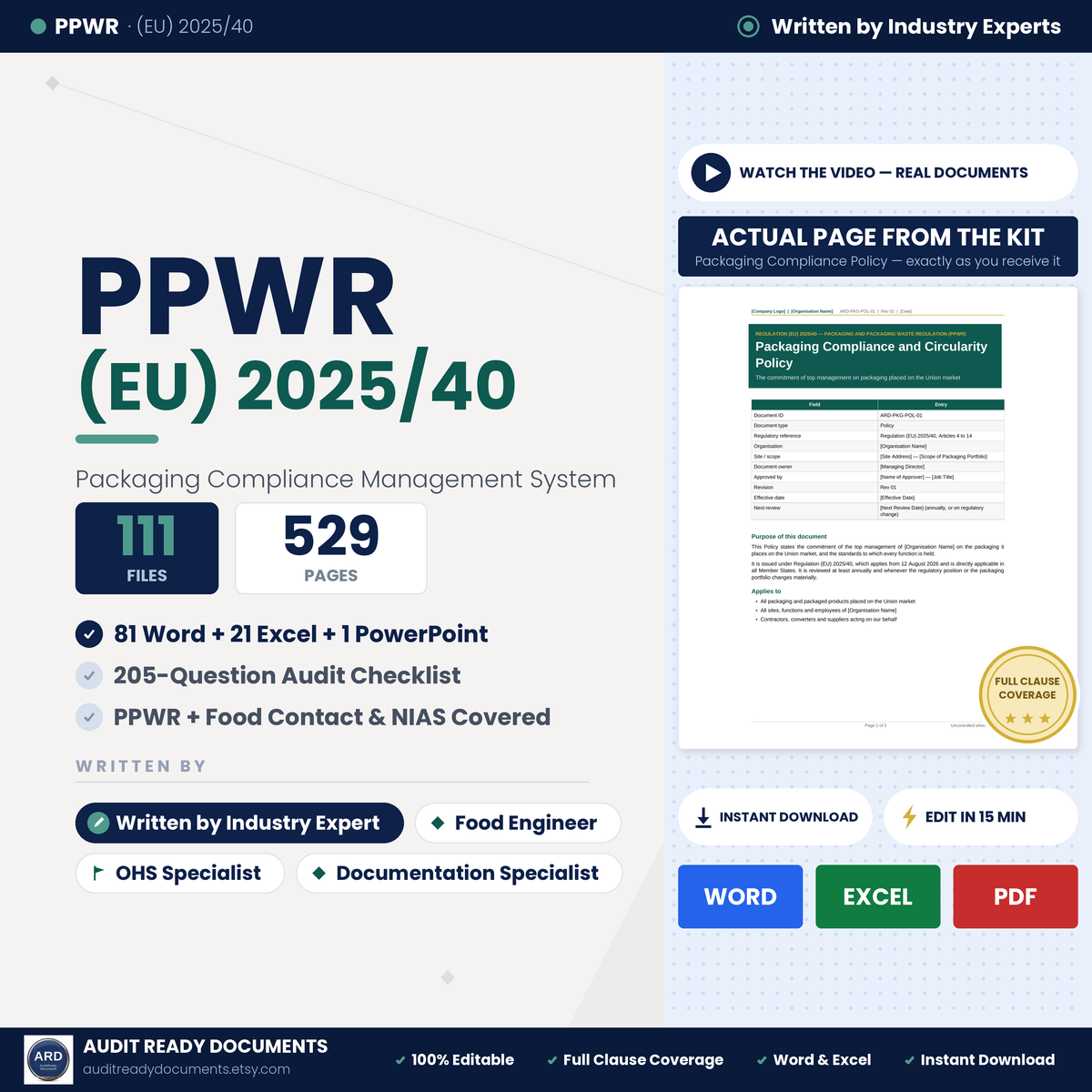 PPWR EU 2025/40 Packaging Compliance Templates, PFAS & Food Contact Included, Editable Word Excel, Digital Download