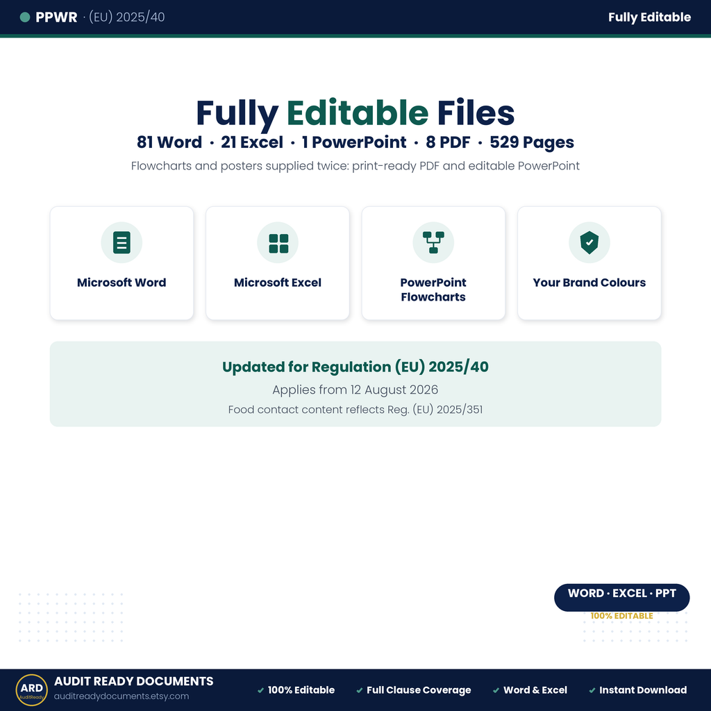 PPWR EU 2025/40 Packaging Compliance Templates, PFAS & Food Contact Included, Editable Word Excel, Digital Download