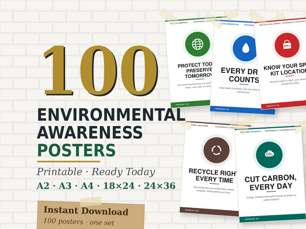 100 Environmental Awareness Posters | ISO 14001 Sustainability Poster Set | Editable Printable