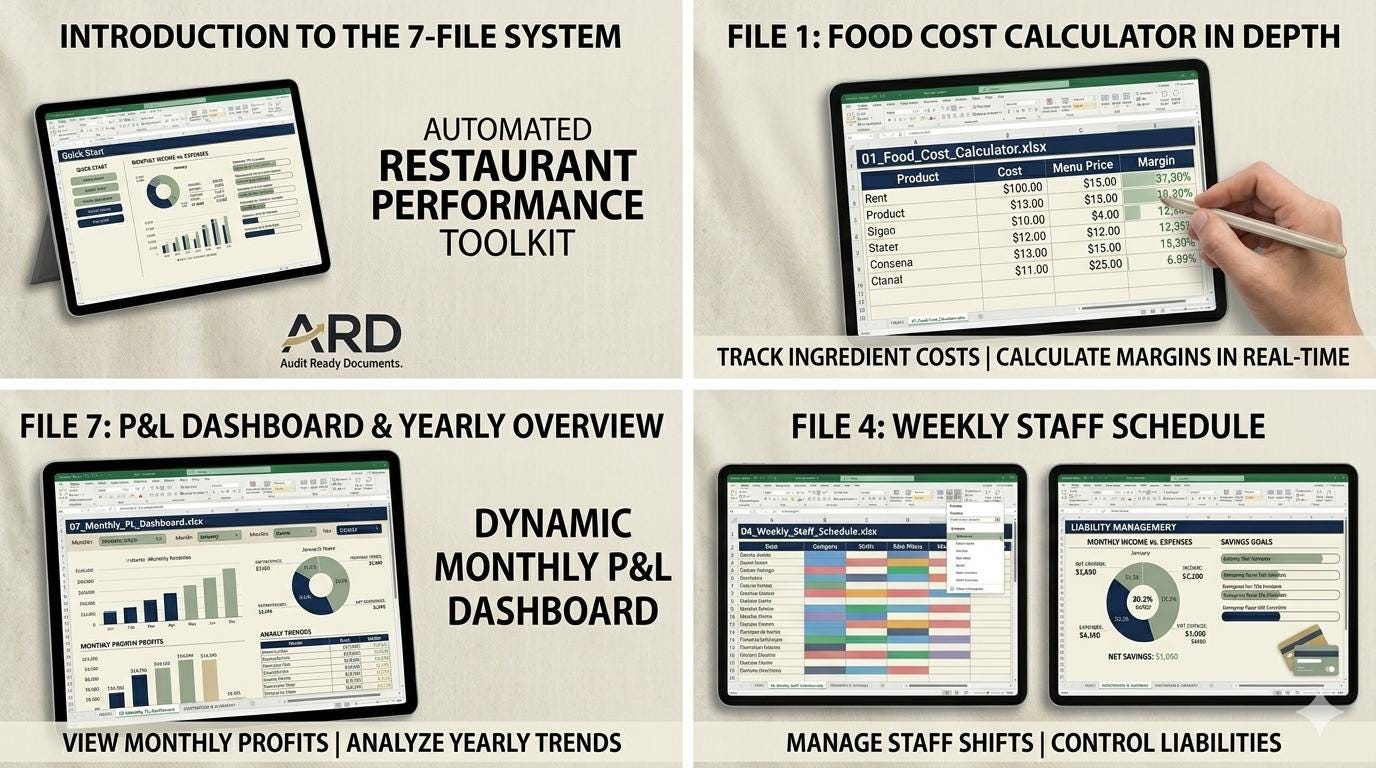 Restaurant & Cafe Management Kit | 13 Excel Templates | Food Cost, P&L, Staff Rota & More