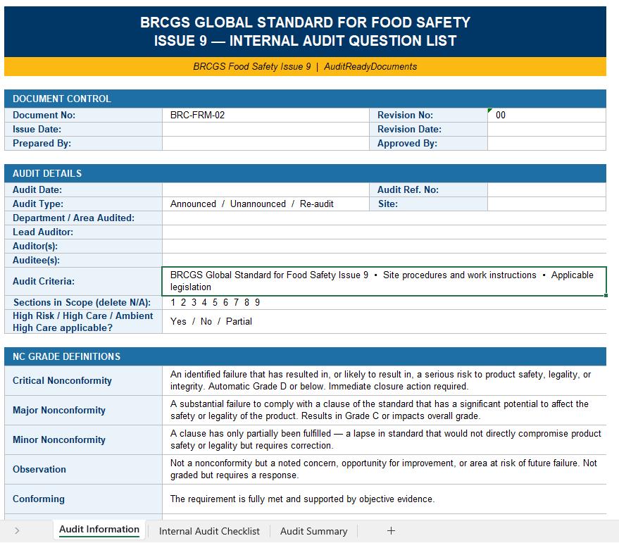Editable BRCGS Food Safety Issue 9 Internal Audit Checklist Digital Download