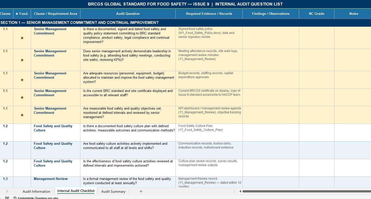 Editable BRCGS Food Safety Issue 9 Internal Audit Checklist Digital Download
