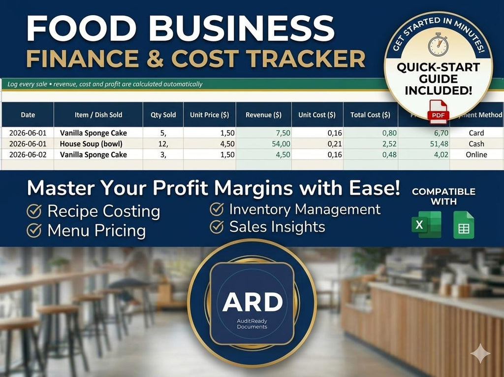 Food Business Finance Tracker, Recipe Cost Calculator, Menu Pricing (Excel/Sheets)