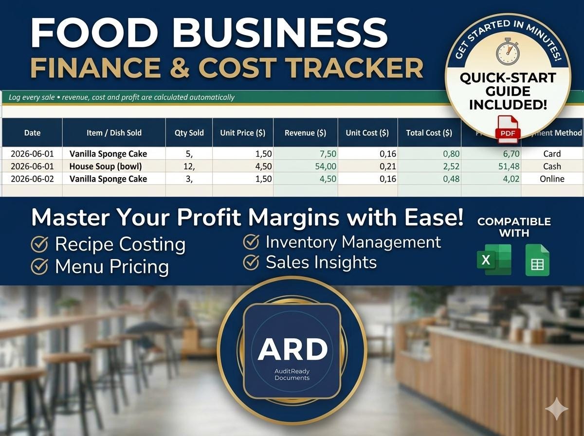 Food Business Finance Tracker, Recipe Cost Calculator, Menu Pricing (Excel/Sheets)