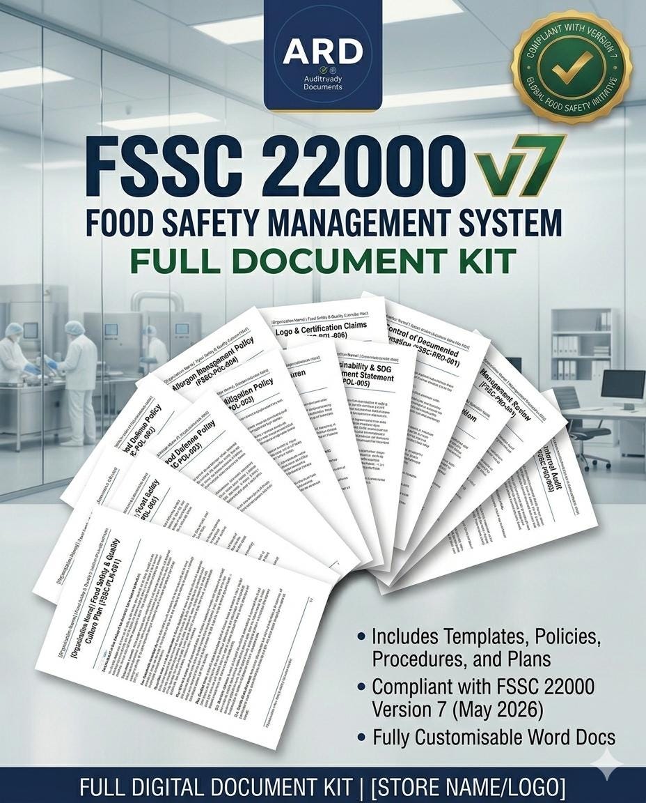 FSSC 22000 Version 7 Food Safety Management System (FSMS) – Complete Document Kit Editable