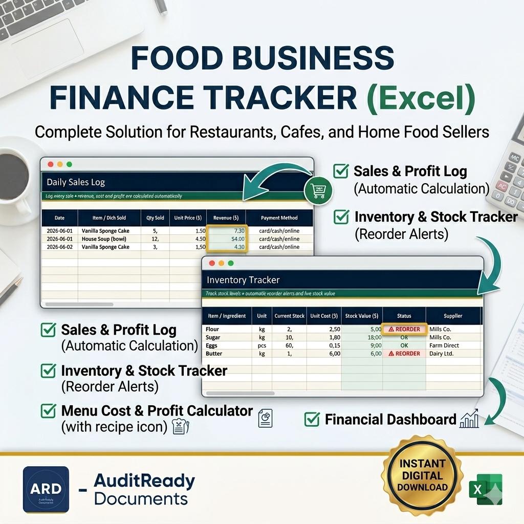 Food Business Finance Tracker, Recipe Cost Calculator, Menu Pricing (Excel/Sheets)
