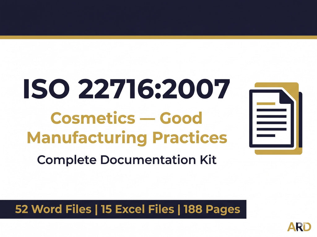 May include: A digital document cover for an ISO 22716:2007 Cosmetics Good Manufacturing Practices documentation kit. The text includes 52 Word Files, 15 Excel Files, and 188 Pages. A document icon is displayed on the right side with gold accents.