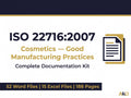 May include: A digital document cover for an ISO 22716:2007 Cosmetics Good Manufacturing Practices documentation kit. The text includes 52 Word Files, 15 Excel Files, and 188 Pages. A document icon is displayed on the right side with gold accents.