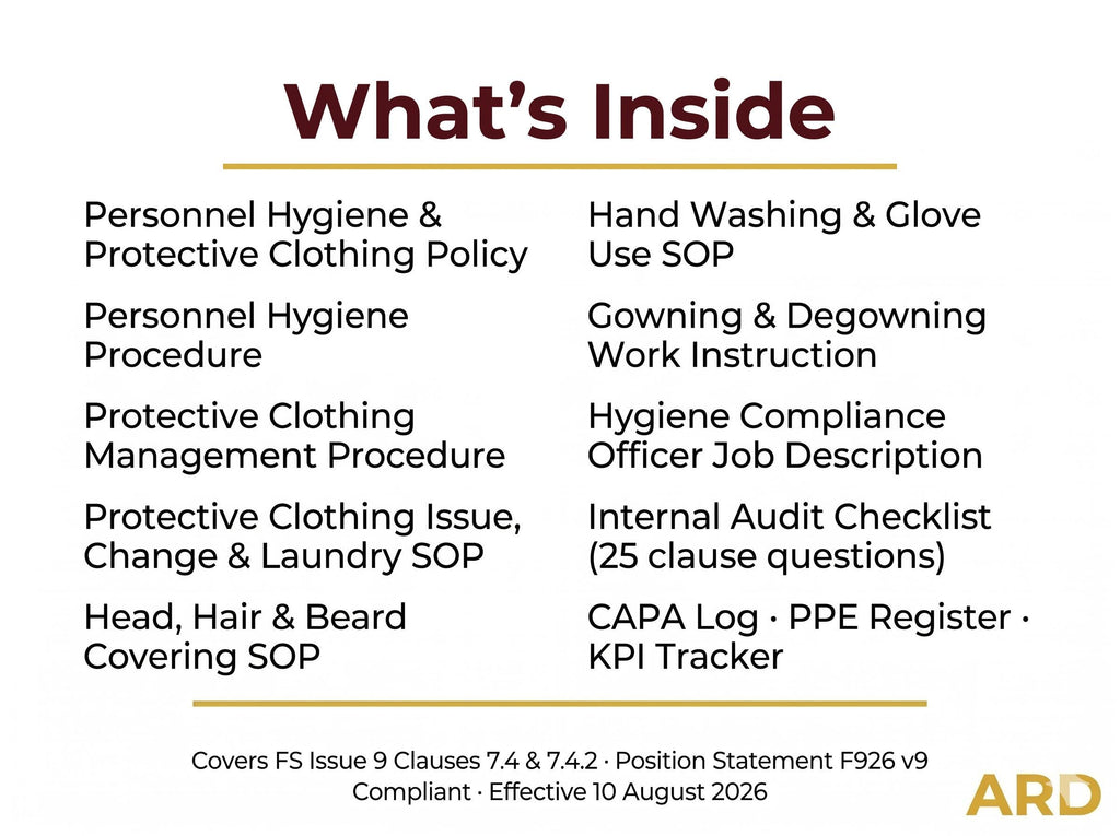BRCGS Food Safety Personnel Hygiene, Protective Clothing, F926 v9 Compliant Systems Full Pack Documents