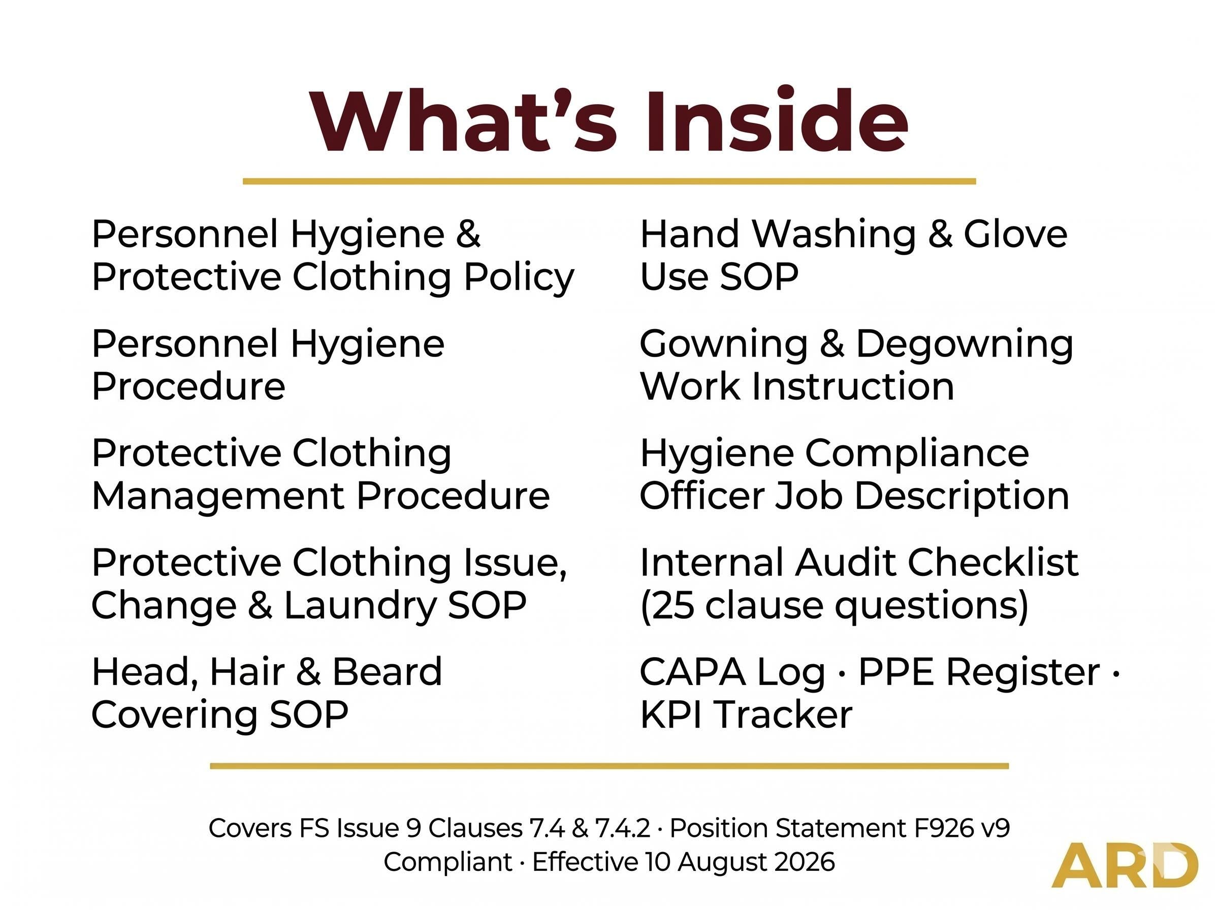 BRCGS Food Safety Personnel Hygiene, Protective Clothing, F926 v9 Compliant Systems Full Pack Documents