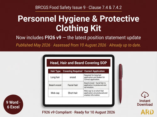 BRCGS Food Safety Personnel Hygiene, Protective Clothing, F926 v9 Compliant Systems Full Pack Documents