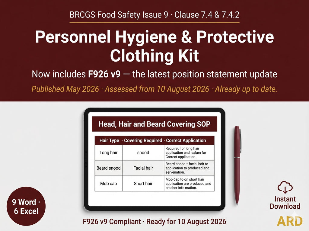 BRCGS Food Safety Personnel Hygiene and Protective Clothing, F926 v9 Compliant, Editable Word Excel, Digital Download
