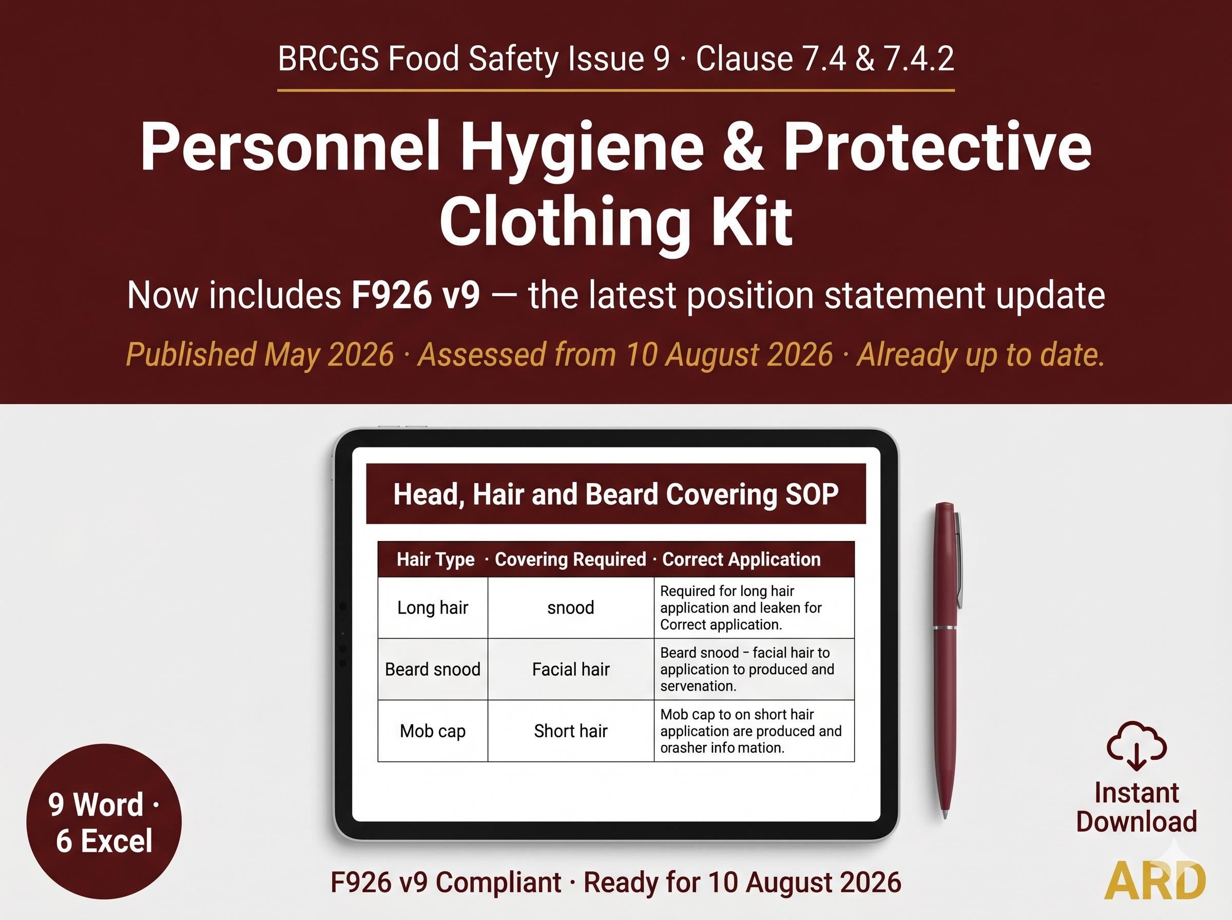 BRCGS Food Safety Personnel Hygiene and Protective Clothing, F926 v9 Compliant, Editable Word Excel, Digital Download
