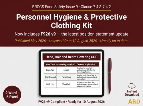 BRCGS Food Safety Personnel Hygiene and Protective Clothing, F926 v9 Compliant, Editable Word Excel, Digital Download