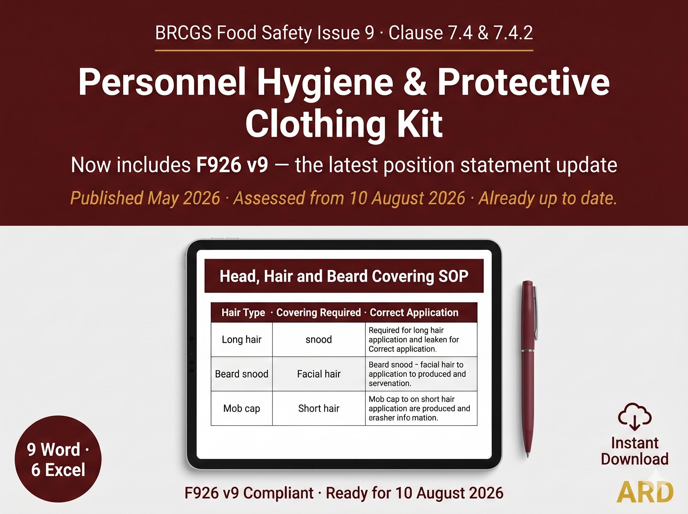 BRCGS Food Safety Personnel Hygiene, Protective Clothing, F926 v9 Compliant Systems Full Pack Documents