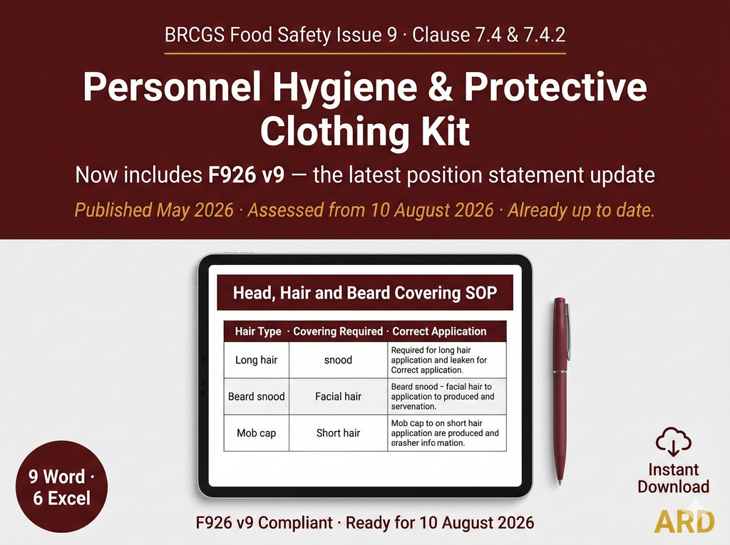 BRCGS Food Safety Personnel Hygiene and Protective Clothing, F926 v9 Compliant, Editable Word Excel, Digital Download