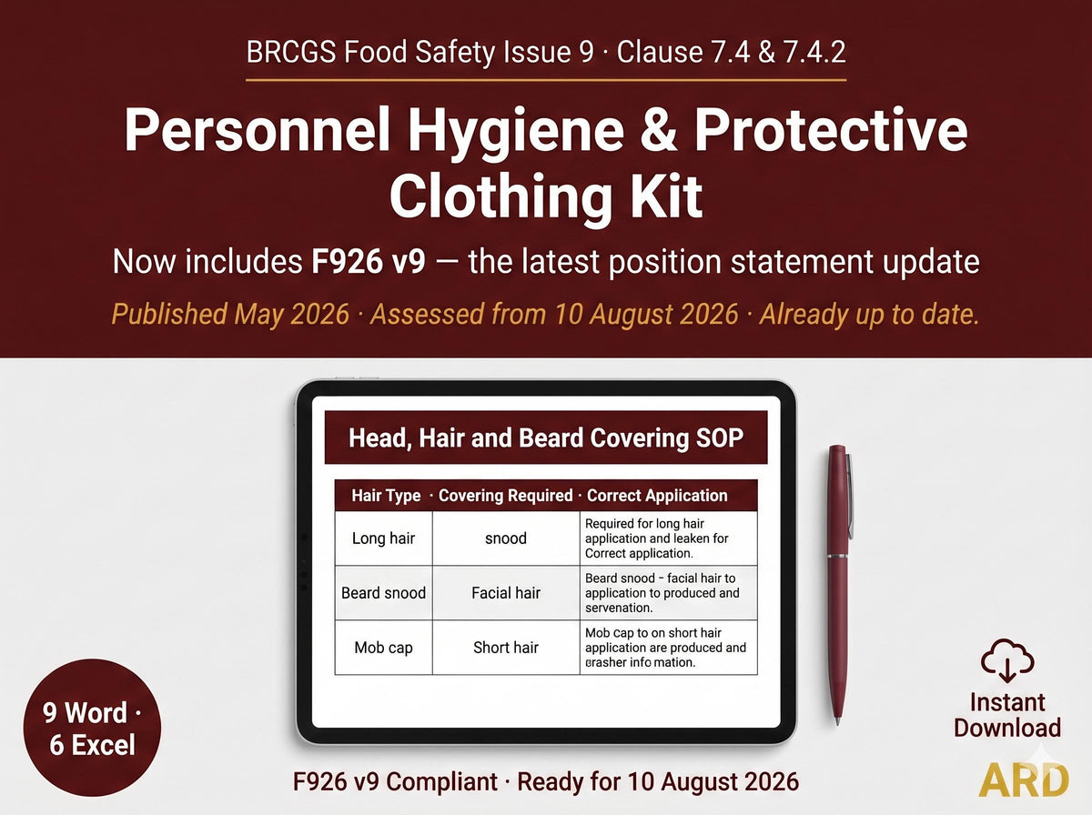 BRCGS Food Safety Personnel Hygiene and Protective Clothing, F926 v9 Compliant, Editable Word Excel, Digital Download