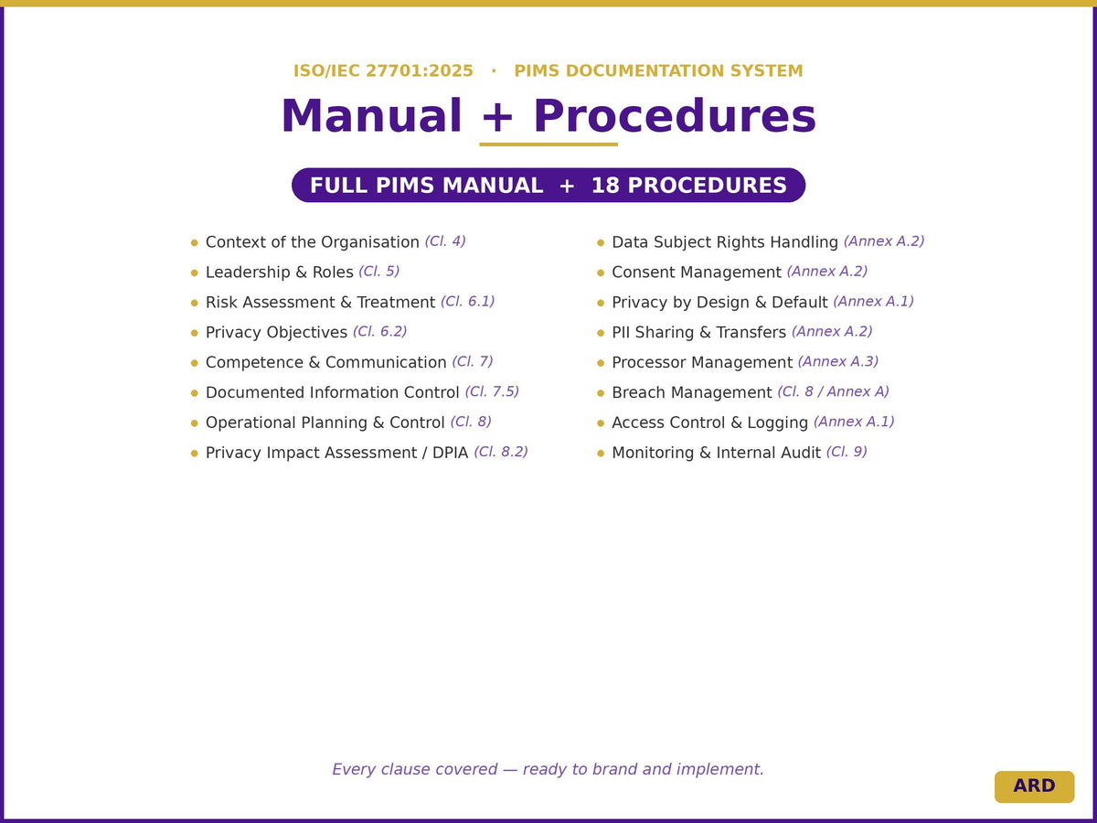 ISO/IEC 27701:2025 Privacy Information Management System Full Pack Documents