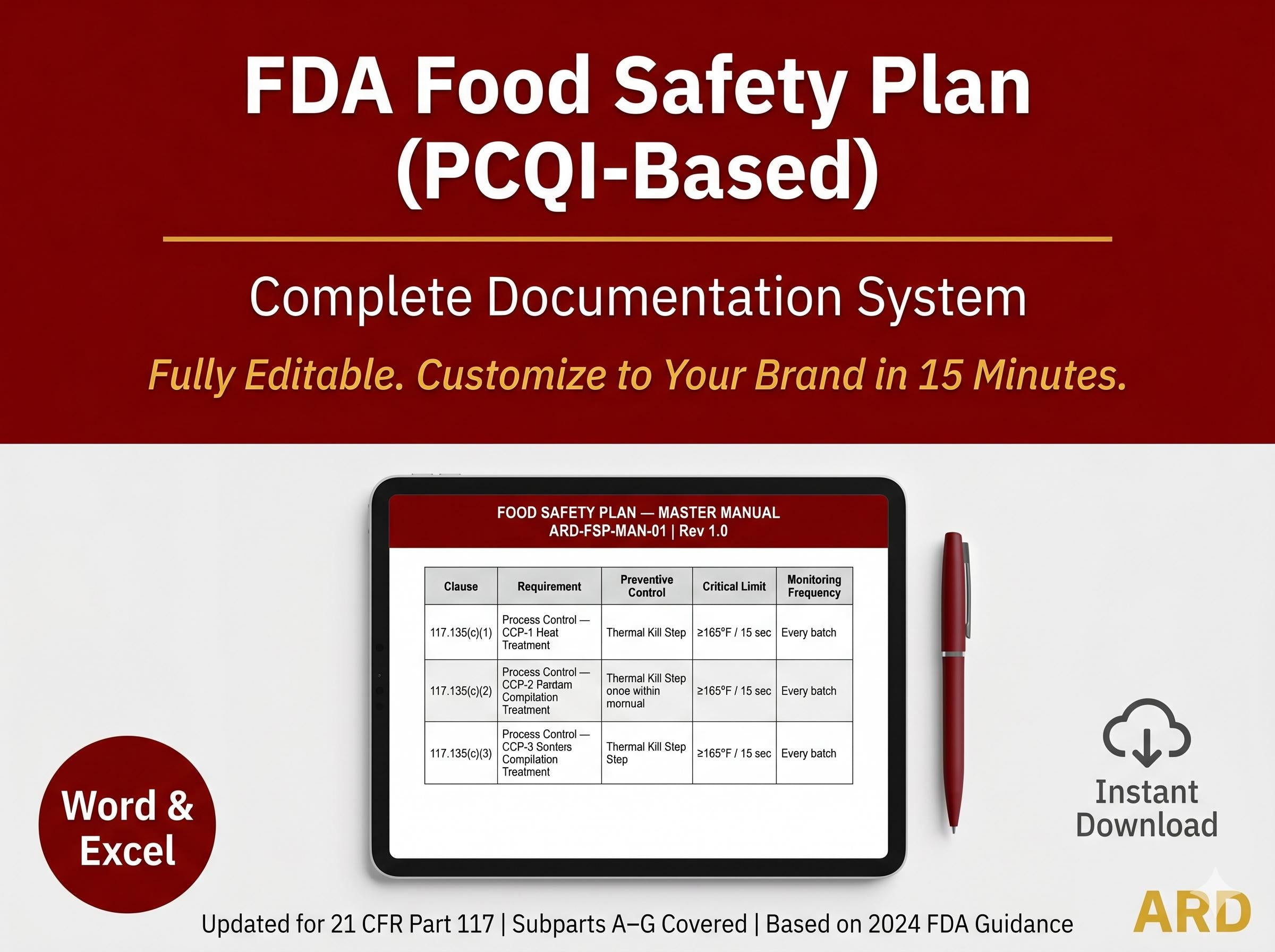 PCQI Food Safety Plan Documentation System Full Pack Documents