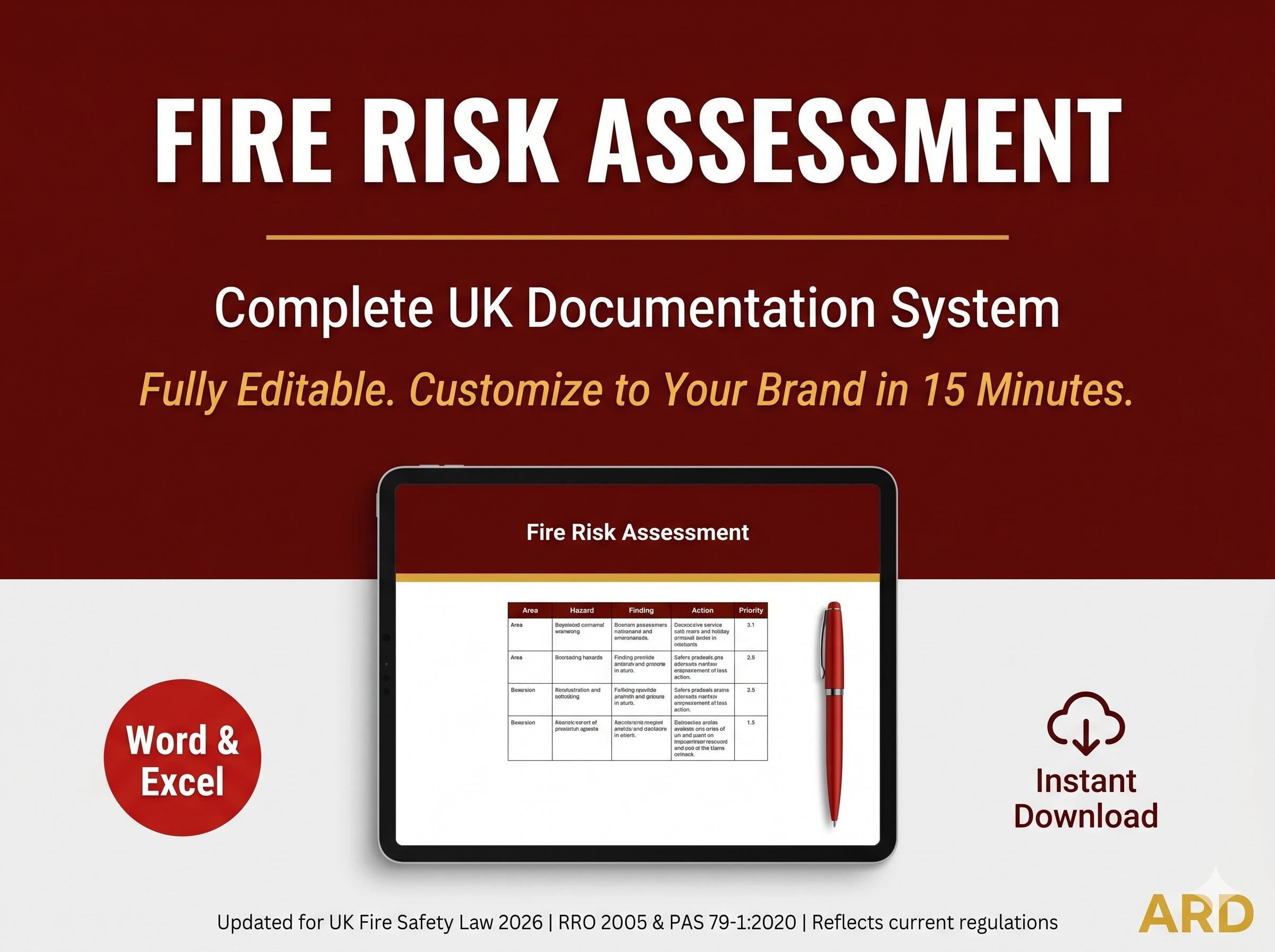 UK Fire Risk Assessment System, Editable Word Excel Documents (RRO 2005, PAS 79-1)