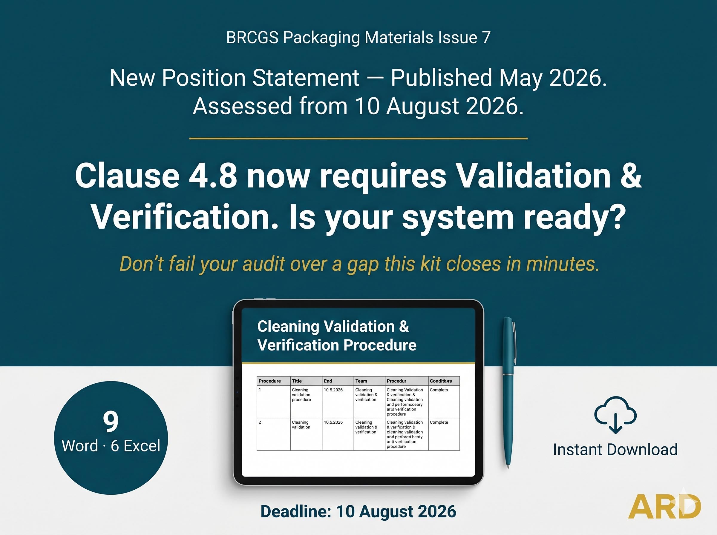 BRCGS Packaging Cleaning Validation System Full Pack Documents Updated P708 Clause 4.8