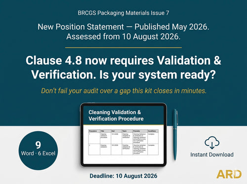 BRCGS Packaging Cleaning Validation System Full Pack Documents Updated P708 Clause 4.8