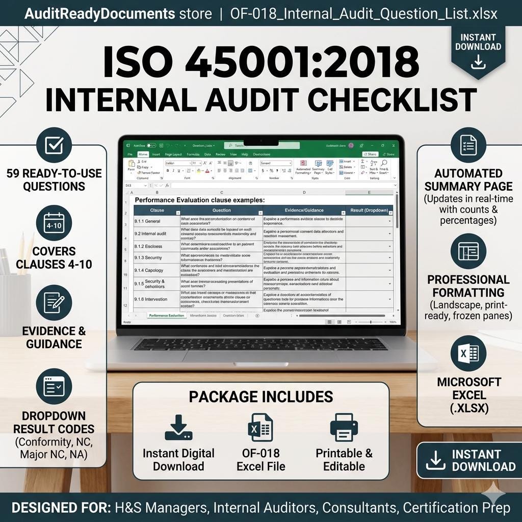 May include: ISO 45001:2018 Internal Audit Checklist digital document for Microsoft Excel. Features 59 ready-to-use questions covering clauses 4-10, an automated summary page, professional formatting, and dropdown result codes for audit management.