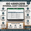 May include: ISO 45001:2018 Internal Audit Checklist digital document for Microsoft Excel. Features 59 ready-to-use questions covering clauses 4-10, an automated summary page, professional formatting, and dropdown result codes for audit management.