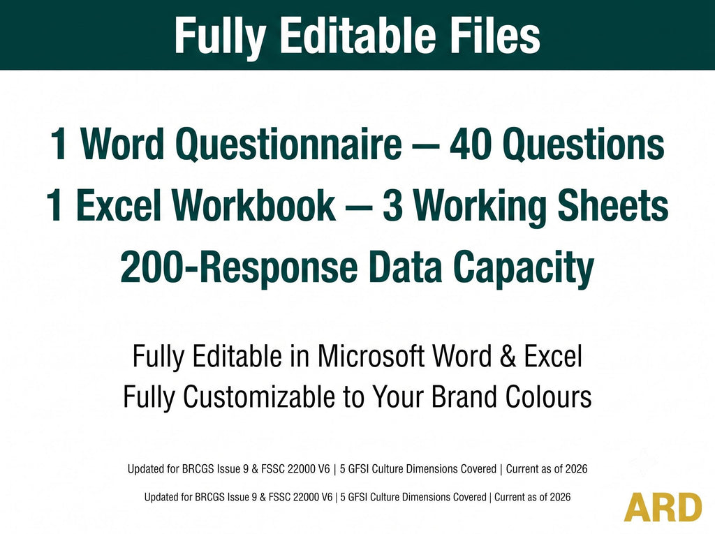 Food Safety Culture Survey | BRCGS FSSC 22000 GFSI | Editable Word Excel (Digital Download)