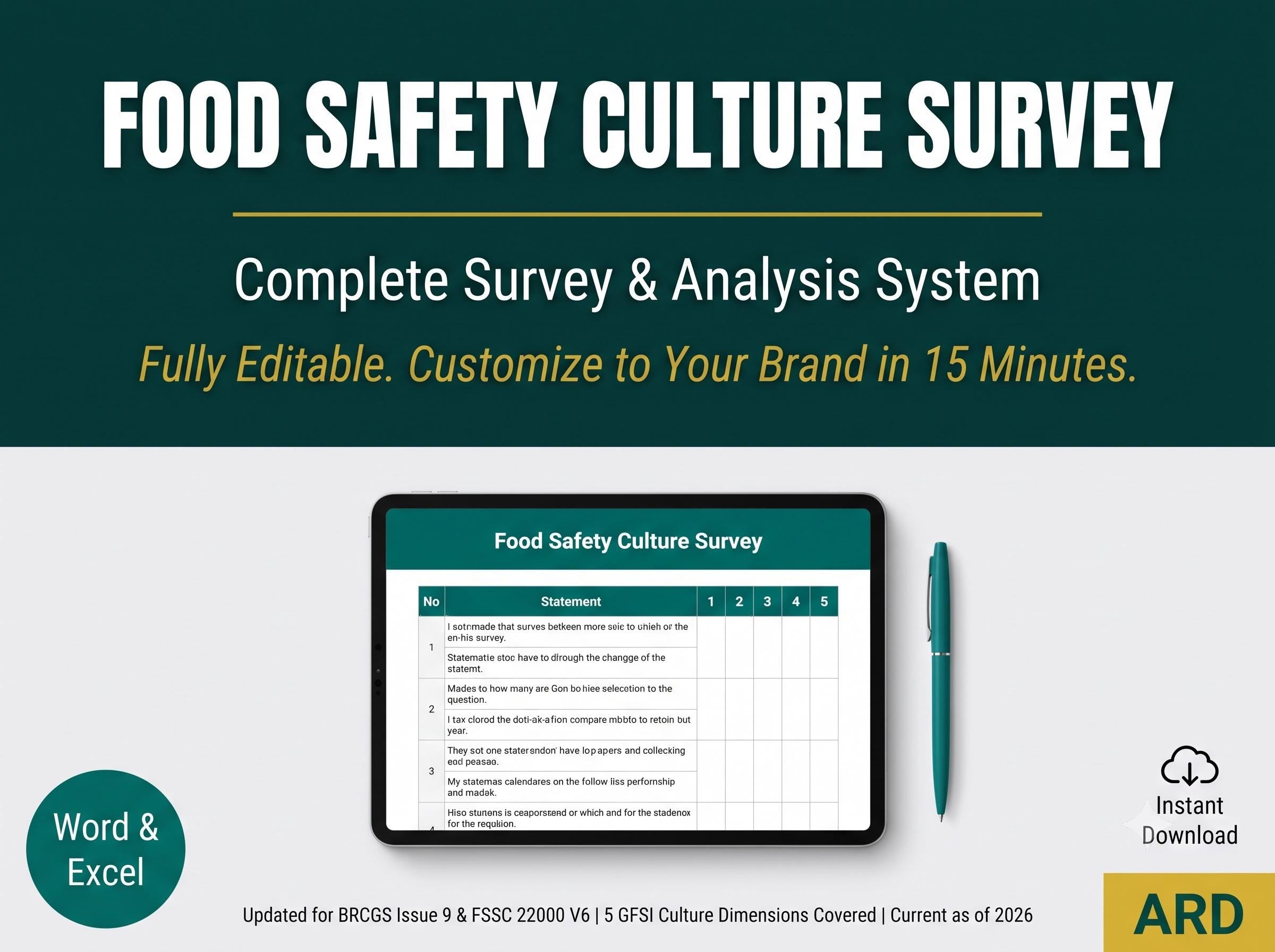 Food Safety Culture Survey | BRCGS FSSC 22000 GFSI | Editable Word Excel (Digital Download)