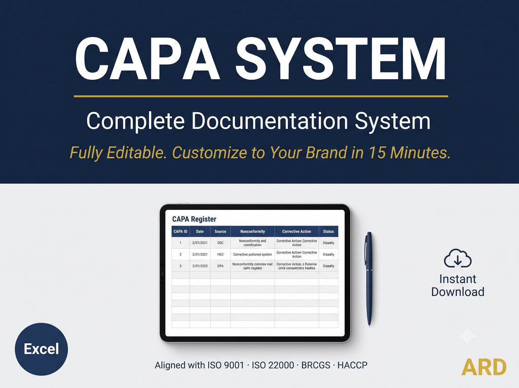 CAPA Log Template Excel | Corrective Action Tracker & Root Cause Analysis | 5 Why Worksheet | ISO 9001 Food Safety| Instant Download