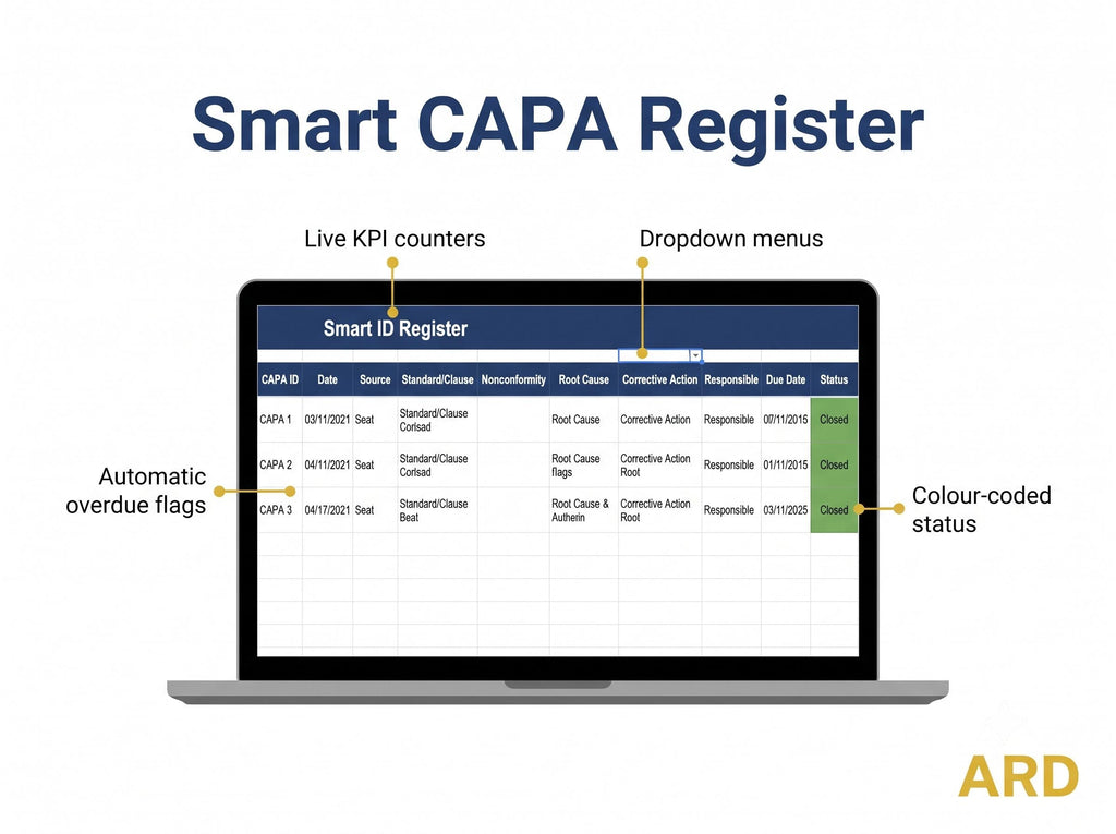 CAPA Log Template Excel | Corrective Action Tracker & Root Cause Analysis | 5 Why Worksheet | ISO 9001 Food Safety| Instant Download
