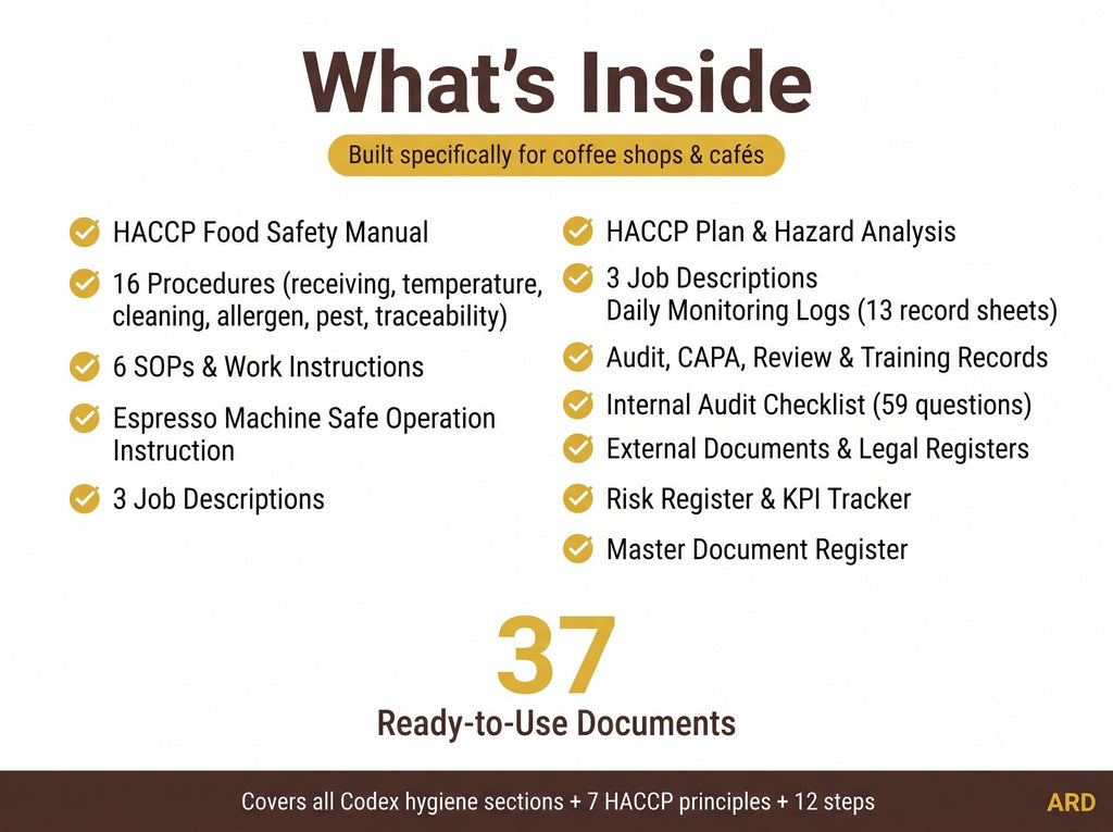 Coffee Shop HACCP Food Safety System Full Pack Documents ( Editable Word Excel Cafe Manual Procedures Logs Allergen Audit Checklist )