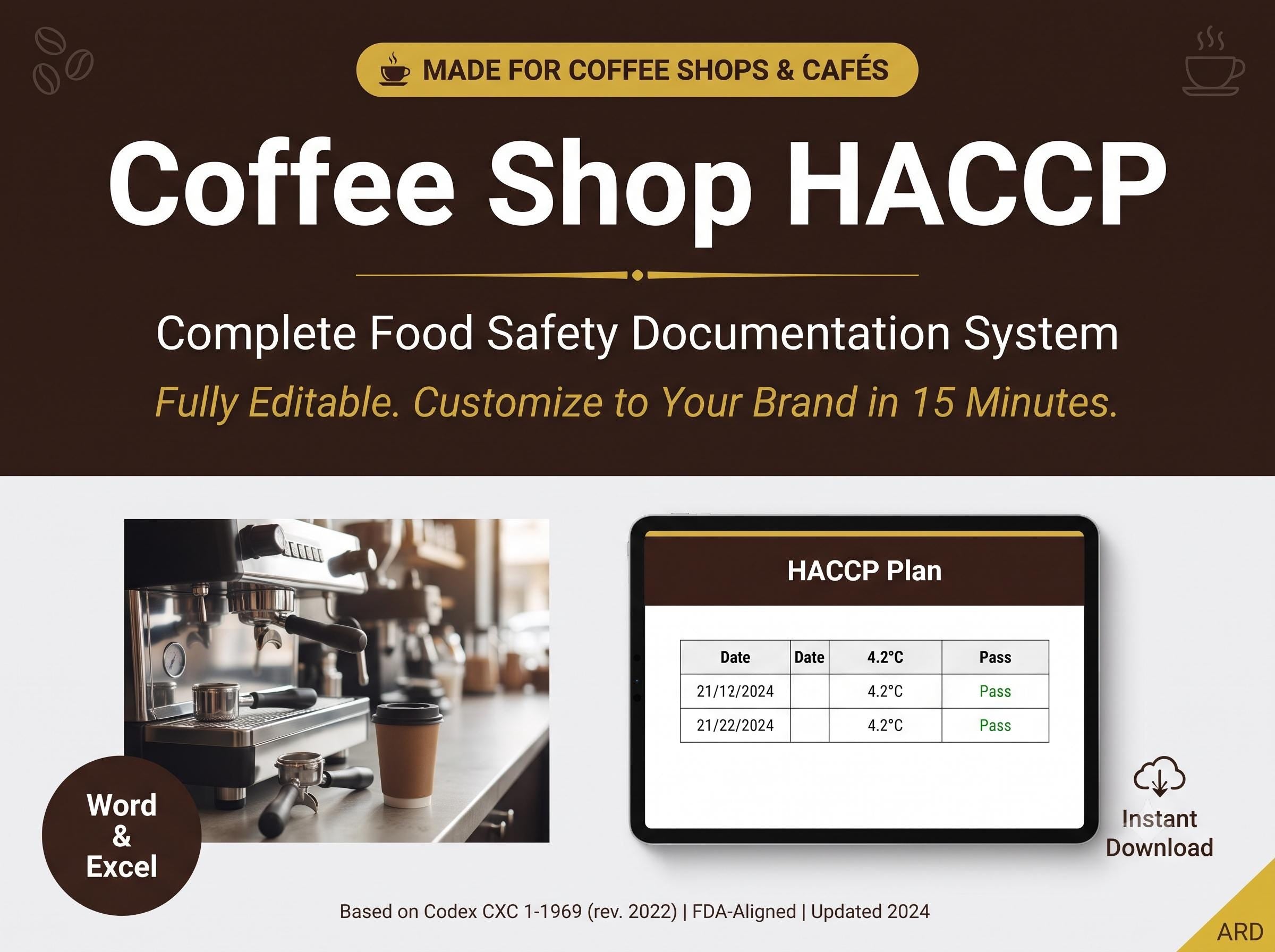 Coffee Shop HACCP Food Safety System Full Pack Documents ( Editable Word Excel Cafe Manual Procedures Logs Allergen Audit Checklist )