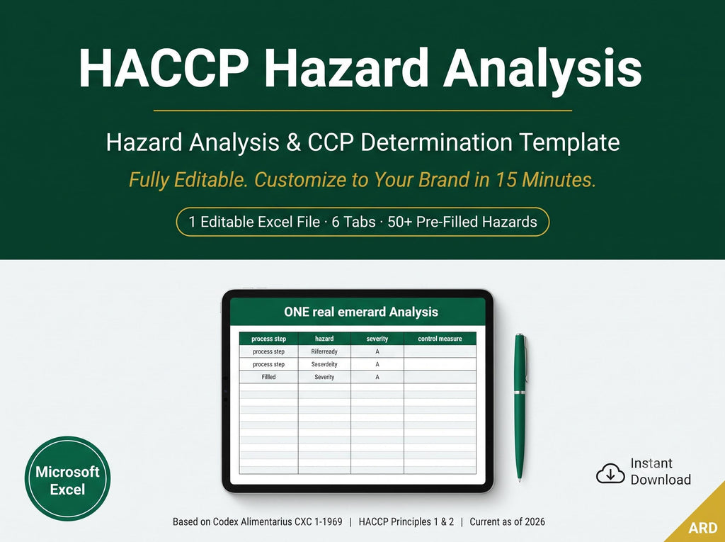 HACCP Hazard Analysis Template | Editable Excel | 12-Stage Flow, 50+ Hazards, CCP Determination, PRP
