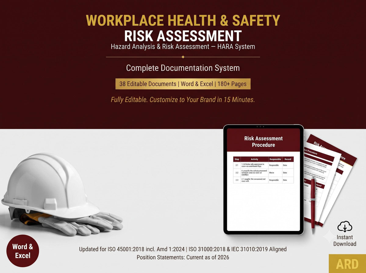 Workplace Health and Safety Risk Assessment System Full Pack ( HARA | Risk Register JSA Audit ISO 45001 )