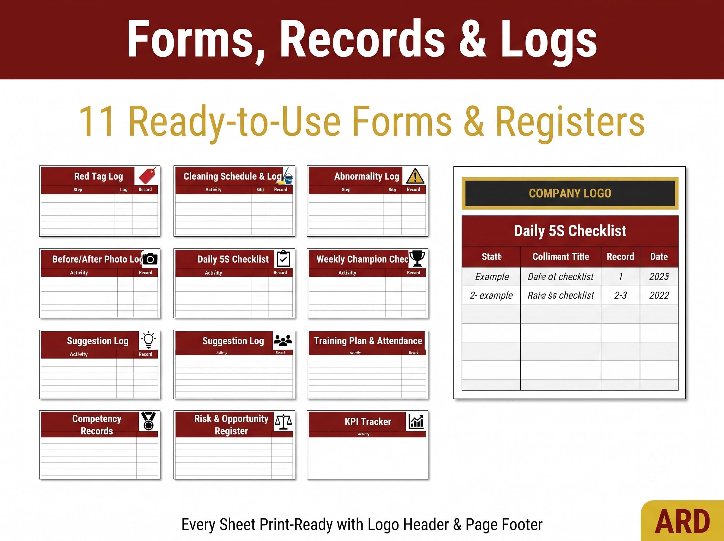 5S Workplace Organization System Full Pack | 30 Documents Lean Manufacturing Red Tag Audit Checklist SOPs Kaizen Editable Templates