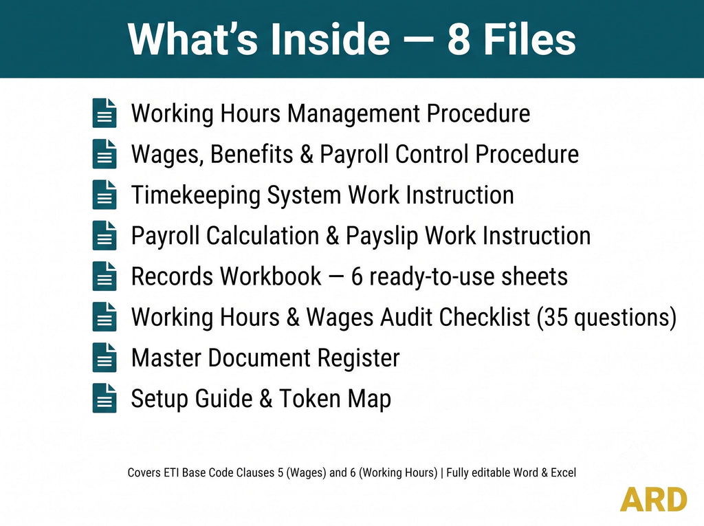 Working Hours & Payroll Compliance Pack | SMETA Sedex ETI Audit | Editable Word Excel Timekeeping Overtime Wages Templates