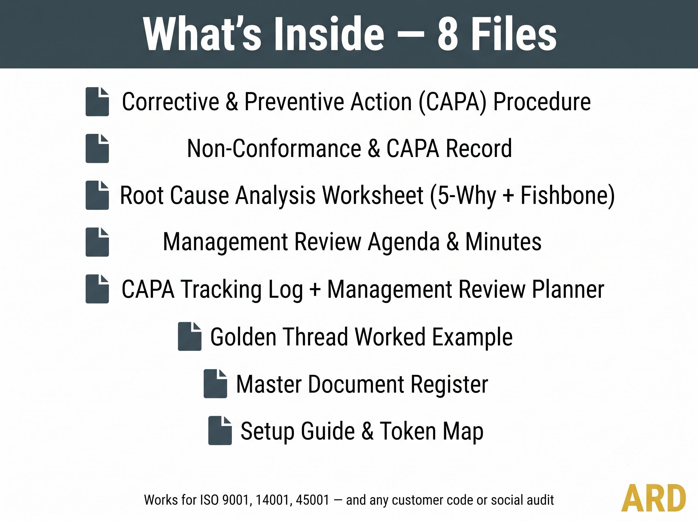 Corrective Action & Management Review Templates | ISO 9001 14001 45001 CAPA Non-Conformance Root Cause 5 Why | Editable Word Excel