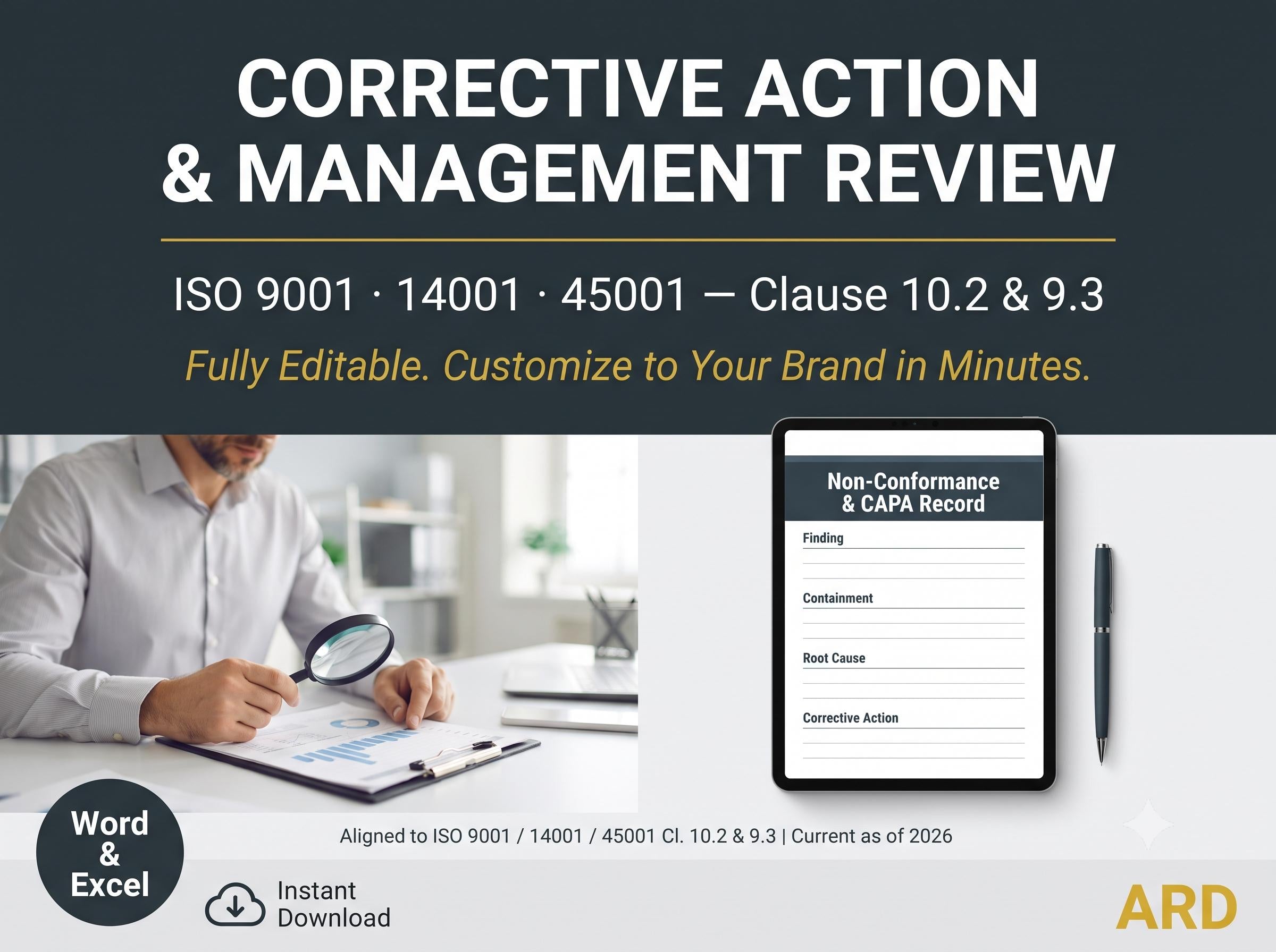 Corrective Action & Management Review Templates | ISO 9001 14001 45001 CAPA Non-Conformance Root Cause 5 Why | Editable Word Excel