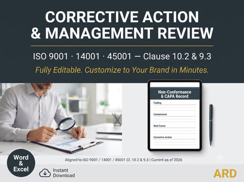 Corrective Action & Management Review Templates | ISO 9001 14001 45001 CAPA Non-Conformance Root Cause 5 Why | Editable Word Excel