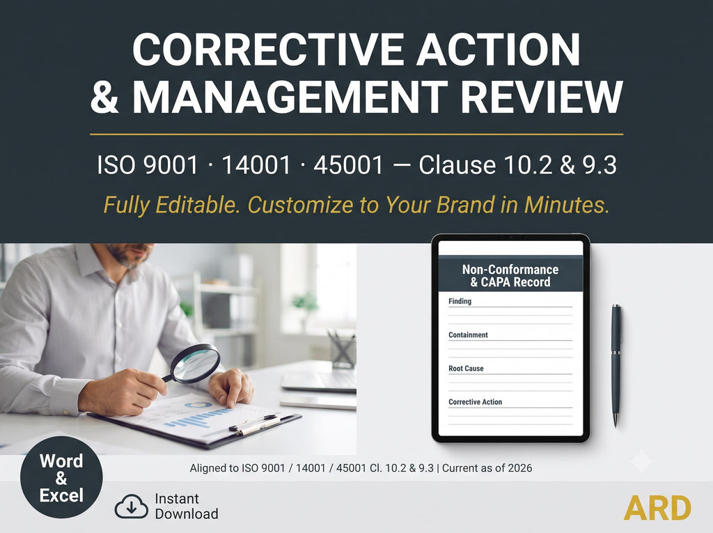 Corrective Action & Management Review Templates | ISO 9001 14001 45001 CAPA Non-Conformance Root Cause 5 Why | Editable Word Excel
