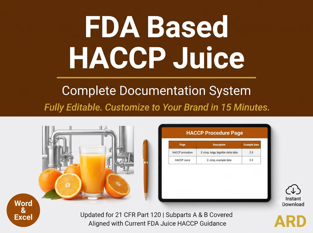 FDA Juice HACCP Documentation System Full Pack ( 21 CFR Part 120 5-Log SSOp Food Safety )