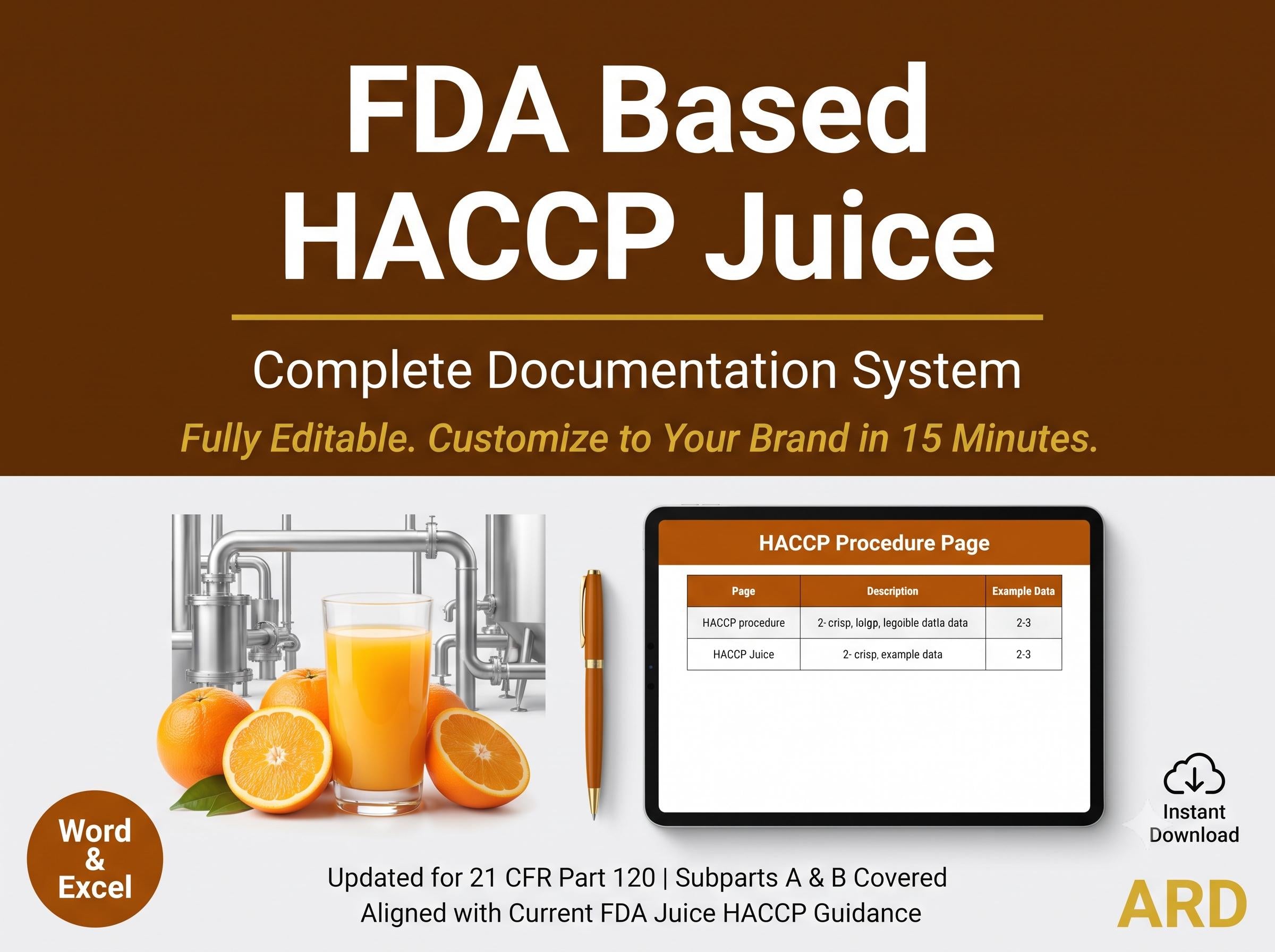 FDA Juice HACCP Documentation System Full Pack ( 21 CFR Part 120 5-Log SSOp Food Safety )