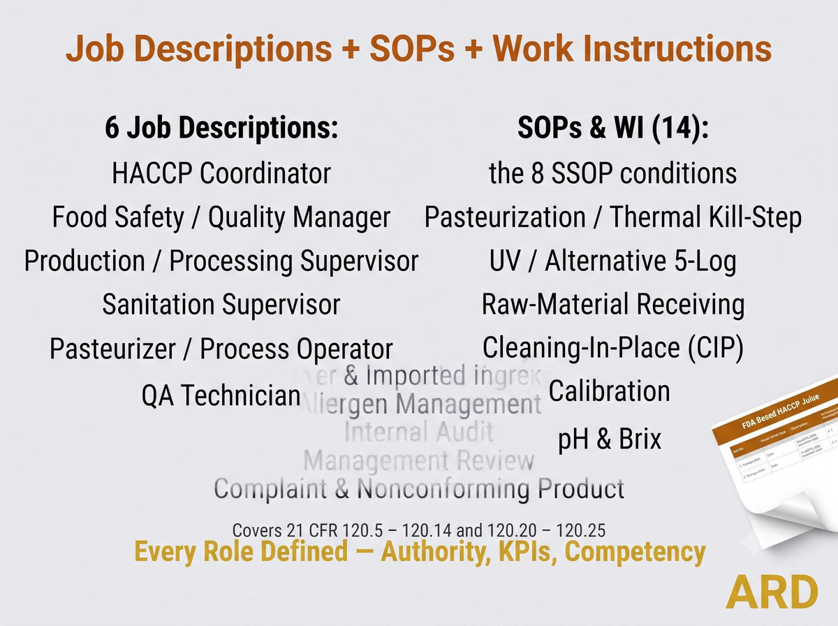 FDA Juice HACCP Documentation System Full Pack ( 21 CFR Part 120 5-Log SSOp Food Safety ), Editable Word Excel, Digital Download