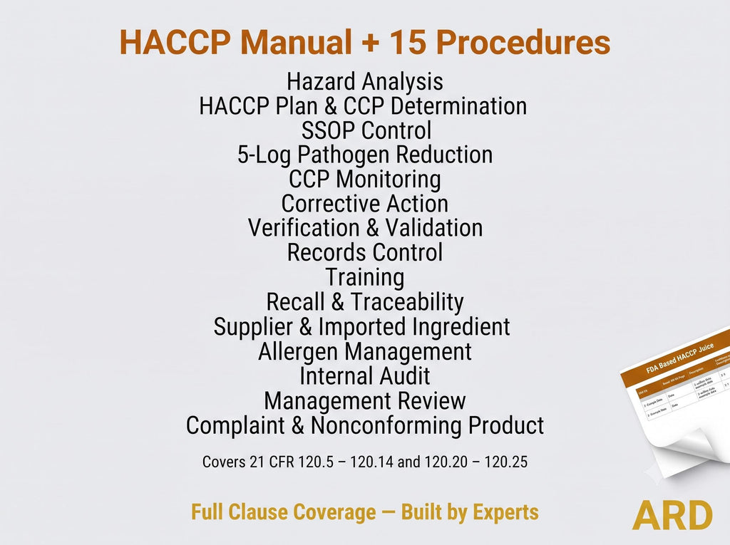 FDA Juice HACCP Documentation System Full Pack ( 21 CFR Part 120 5-Log SSOp Food Safety ), Editable Word Excel, Digital Download
