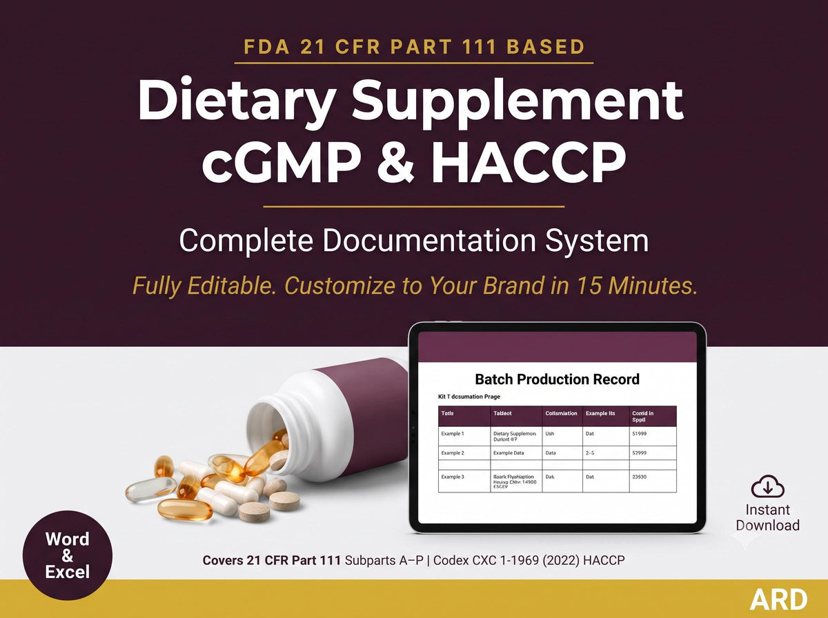 Dietary Supplement cGMP HACCP System Documents Full Pack (FDA 21 CFR Part 111 Quality Manual SOp Batch Record Haccp Plan Audit Checklist ), Editable Word Excel, Digital Download