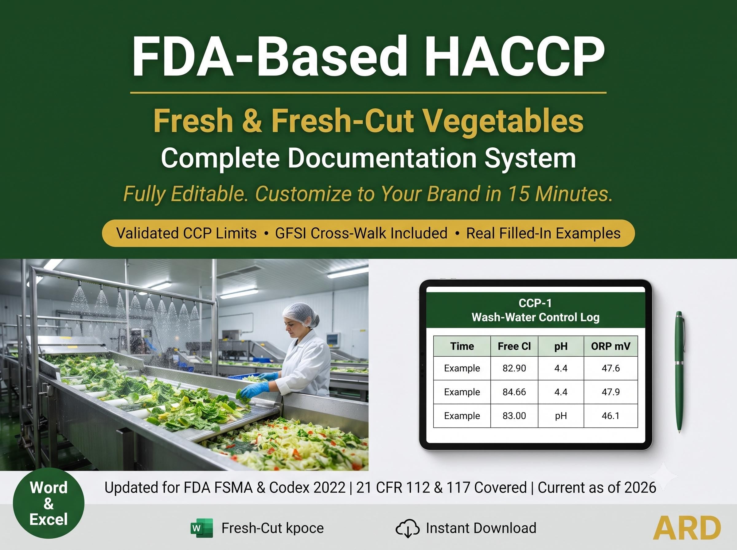 HACCP Plan for Fresh , Fresh-Cut Vegetables Food Safety Documentation System Full Pack | FDA FSMA 21 CFr 112 & 117